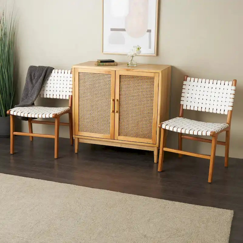 Leather Handmade Woven Dining Chair with Teak Wood Frame - Set of 2 Brown, White or Black