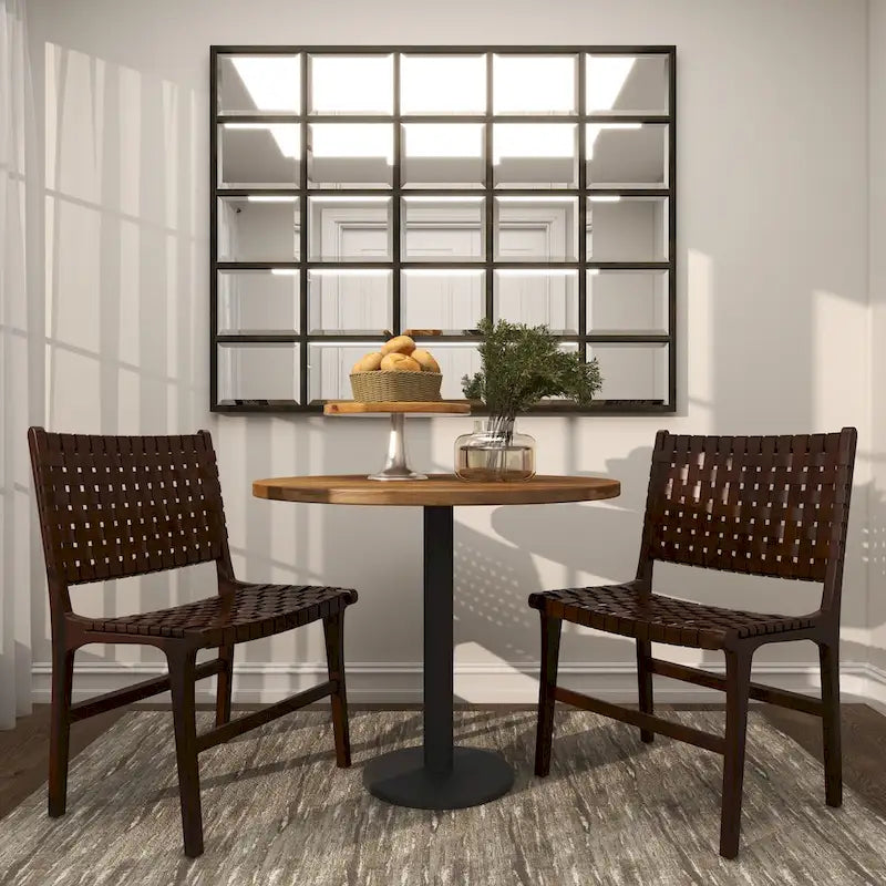 Leather Handmade Woven Dining Chair with Teak Wood Frame - Set of 2 Brown, White or Black