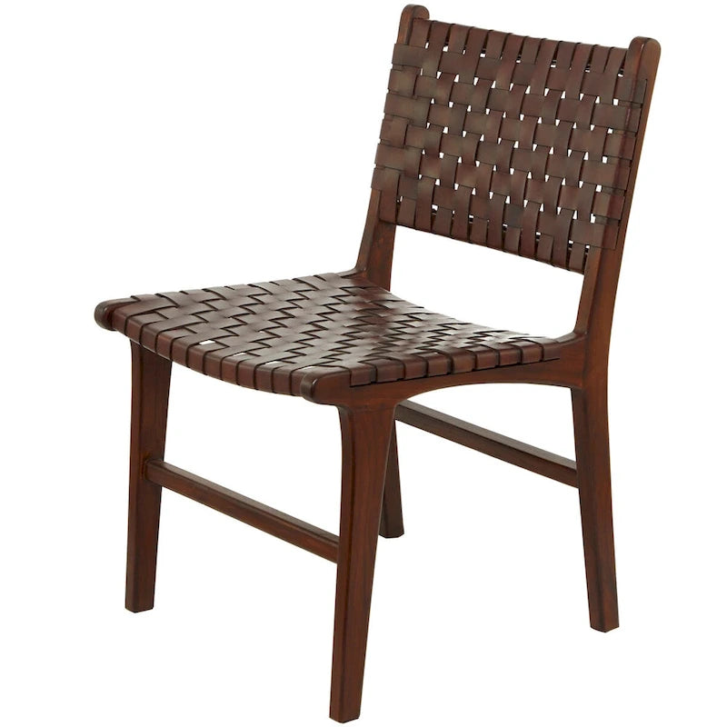 Leather Handmade Woven Dining Chair with Teak Wood Frame - Set of 2 Brown, White or Black