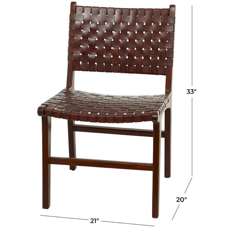 Leather Handmade Woven Dining Chair with Teak Wood Frame - Set of 2 Brown, White or Black