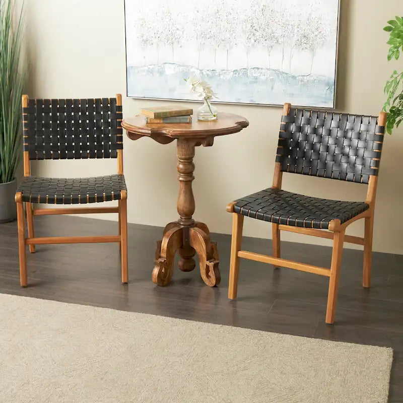 Leather Handmade Woven Dining Chair with Teak Wood Frame - Set of 2 Brown, White or Black