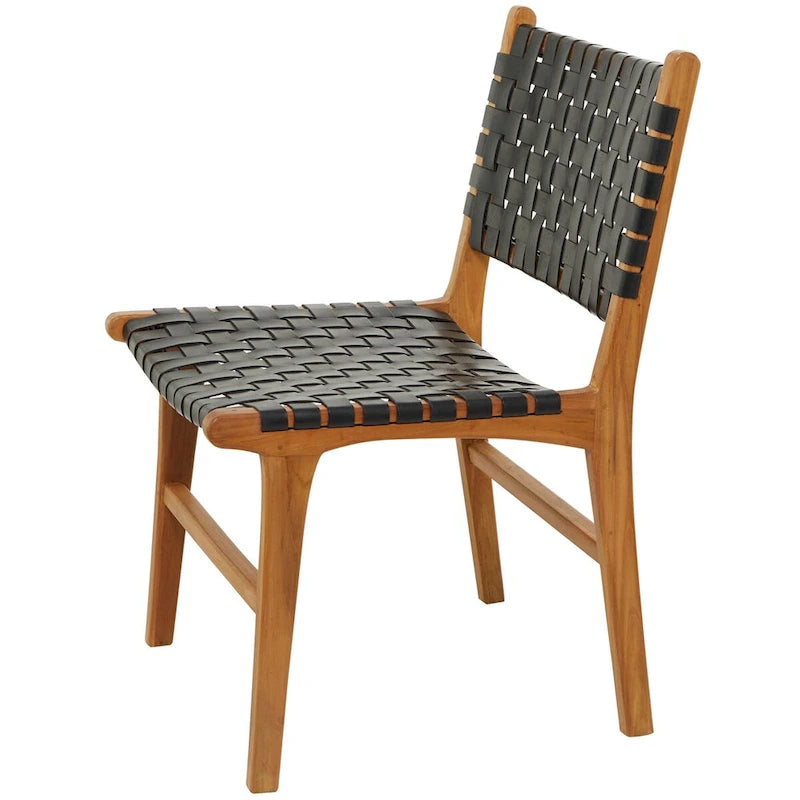 Leather Handmade Woven Dining Chair with Teak Wood Frame - Set of 2 Brown, White or Black