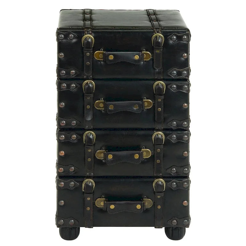 Faux Leather Vintage 4 Drawer Room Chest with Buckle Straps and Gold Stud Details - Black