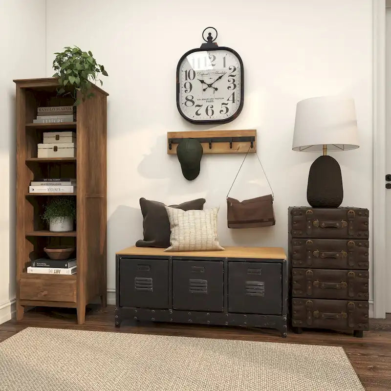 Faux Leather Vintage 4 Drawer Room Chest with Buckle Straps and Gold Stud Details - Black