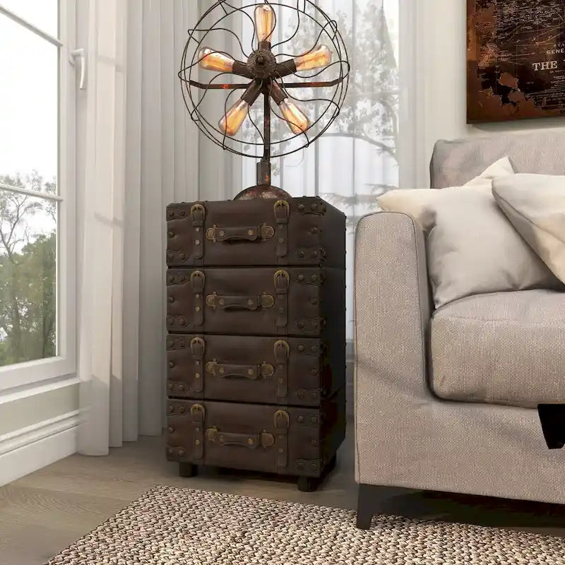 Faux Leather Vintage 4 Drawer Room Chest with Buckle Straps and Gold Stud Details - Black