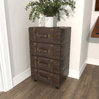 Faux Leather Vintage 4 Drawer Room Chest with Buckle Straps and Gold Stud Details - Black