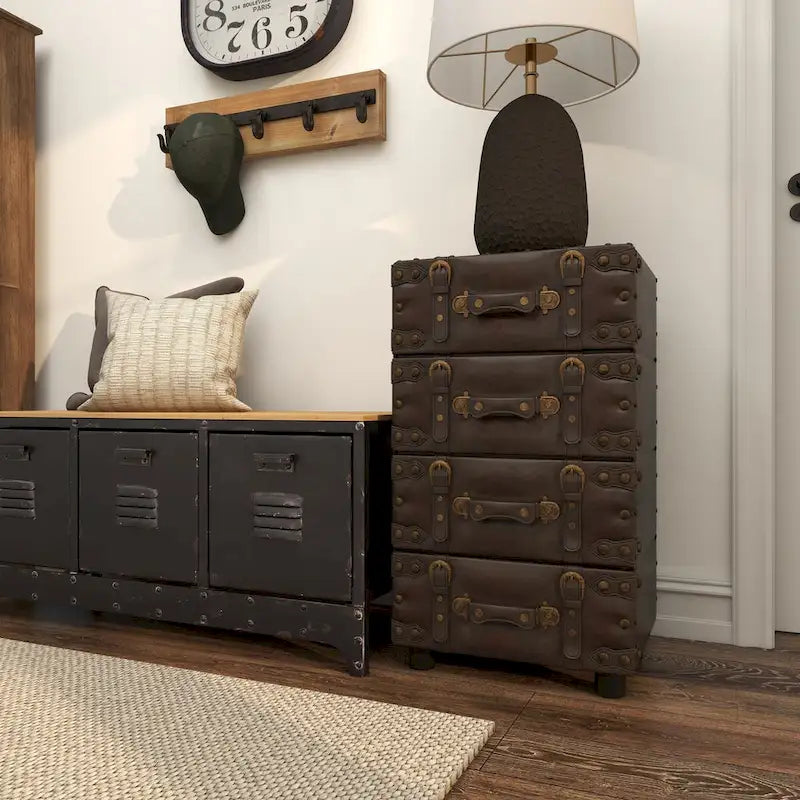 Faux Leather Vintage 4 Drawer Room Chest with Buckle Straps and Gold Stud Details - Black