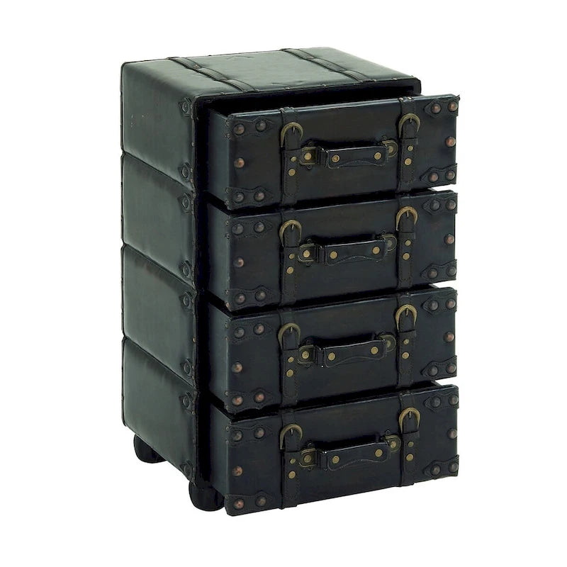 Faux Leather Vintage 4 Drawer Room Chest with Buckle Straps and Gold Stud Details - Black